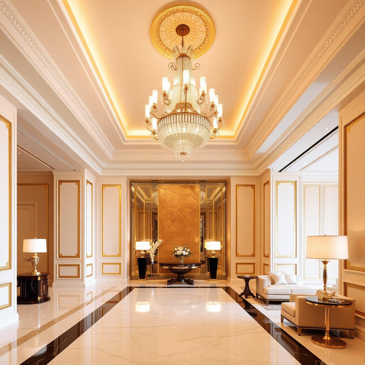 Maison Aurelle marble lobby with crystal chandelier